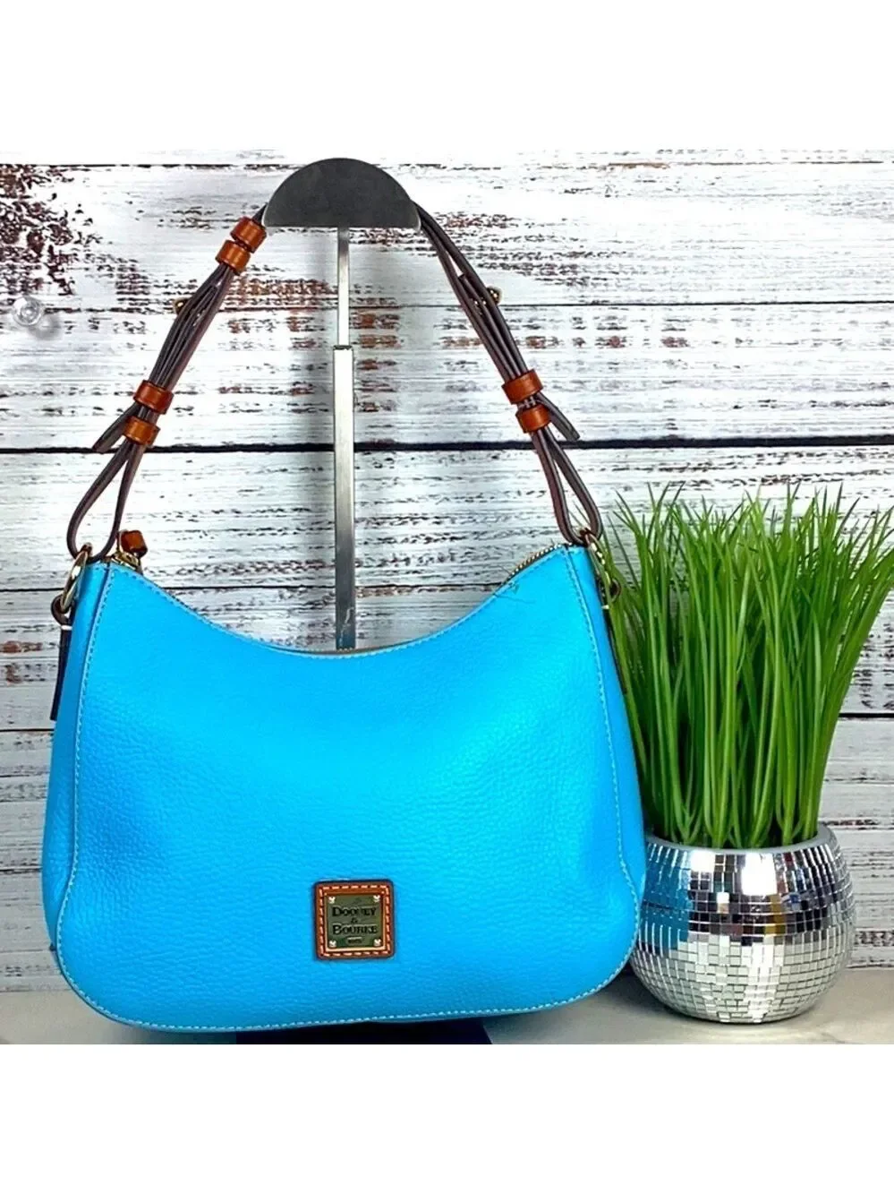 Dooney & Bourke Kiley Aqua Blue Brown Hobo Shoulder Bag Pebble leather Purse guc